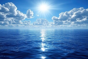 Poster - Bright sun over blue sea with white clouds in a clear sky creating a peaceful seascape