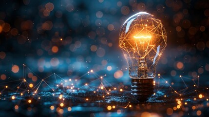 Poster - Dynamic electric light bulb illuminates polygonal connections in a tech-infused environment