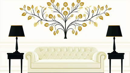 Wall Mural - Elegant Living Room Interior with Gold Tree Wall Art