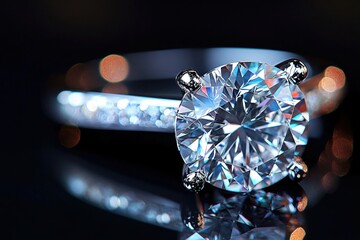 Poster - Close up view of a shiny diamond ring with a dark background and soft light reflections