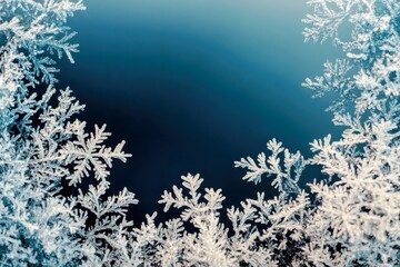 Poster - Delicate Frosted Snowflakes Form a Beautiful Winter Frame on a Dark Blue Background for Seasonal and Nature Photography