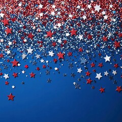 Poster - Festive red white and blue glitter stars on a dark blue background creating a celebratory scene