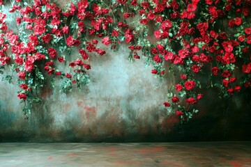 Poster - Beautiful red roses cascading down a textured wall creating a stunning backdrop for photography and design projects in a charming ambiance