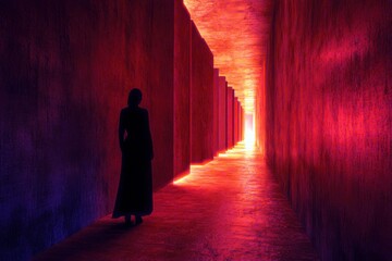 Poster - Mysterious corridor illuminated with vibrant colors, featuring silhouette of a person as they stand at the threshold of a glowing exit in a surreal environment