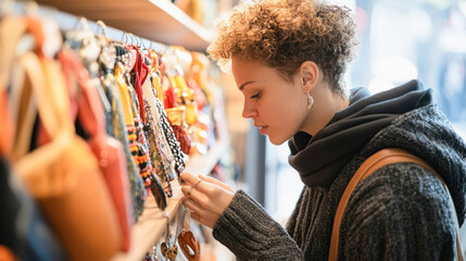 Young woman choosing handmade necklace in a fashion store