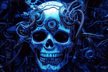 Poster - Futuristic Cybernetic Skull Surrounded by Gears and Wires in Blue Light, Symbolizing the Intersection of Humanity and Technology