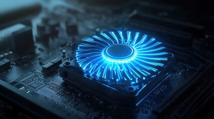 Poster - Close up of a blue lit computer fan and its intricate electronic components on circuit board