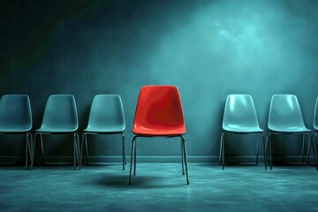 Poster - Vibrant Red Chair Amongst Minimalist Grey Chairs in Abstract Reserved Waiting Area with Moody Lighting and Atmospheric Space
