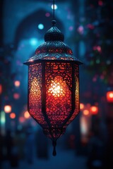 Wall Mural - Ornate Hanging Lantern Illuminating Nighttime Scene with Warm Glow and Festive Ambiance