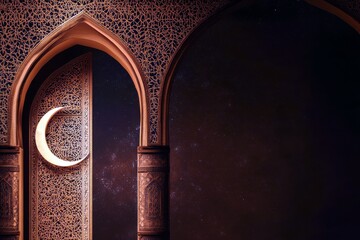 Poster - Intricate Islamic Architecture with Decorative Patterns and Crescent Moon in a Mystical Atmosphere, Featuring Arched Openings and Rich Textures