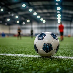 Close-Up of Soccer Ball on Green Turf in Indoor Sports Facility