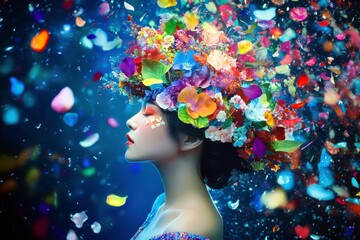 Poster - Enchanting Portrait of a Woman with Colorful Flower Crown Surrounded by Vibrant Petals Against a Dreamy Background