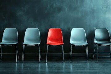 Poster - Modern Empty Chairs with One Red Highlighted Chair Against Dark Wall in Minimalist Design Interior Setup for Creative Spaces