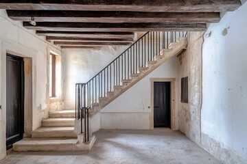 Poster - Modern interior design of a spacious empty room featuring wooden beams and a stylish staircase with a black railing in an urban setting
