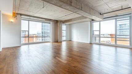 Leinwandbilder - Open loft with blank concrete walls, warm wood flooring, and natural light pouring through large windows; cozy cloth furniture included.