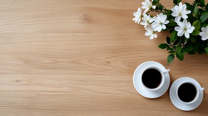 Sticker - Two Cups Of Coffee With White Flowers On Wooden Table