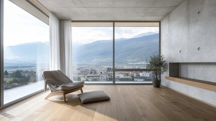 Leinwandbilder - Open-concept loft with smooth concrete walls, wood flooring, and a comfy cloth chair positioned near the expansive window