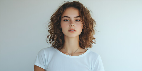 Wall Mural - Youthful and Serene: A young woman with shoulder-length, curly brown hair gazes directly at the camera, exuding a calm and confident demeanor. Her simple white t-shirt complements her natural beauty.