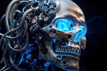 Poster - Futuristic robotic skull with glowing blue eyes, intricate gears, and metallic structures showcasing advanced technology and cybernetic design elements