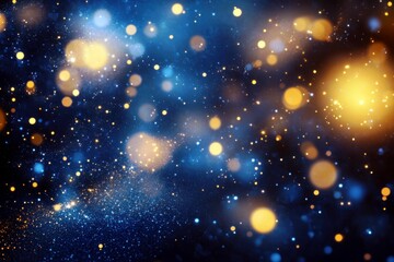 Poster - Abstract galaxy background with bright yellow and gold bokeh lights, sparkling stars, and deep blue space scene suitable for various creative projects