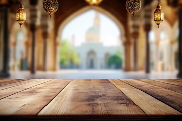 Poster - Wooden Table in Front of Blurred Islamic Architecture with Lanterns Hanging in Beautifully Designed Ambient Setting