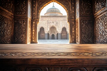 Poster - Elegant wooden table in foreground with intricate carvings, leading to a stunning architectural view of an ornate mosque in soft focus background