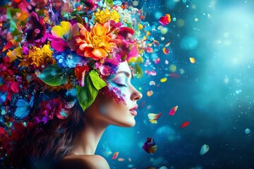 Poster - Woman with Colorful Flower Crown Surrounded by Petals and Butterfly in Dreamy Fantasy Scene with Soft Bokeh Background