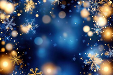Poster - Blue and Gold Winter Wonderland Background with Snowflakes and Bokeh Lights for Holiday Seasonal Decor and Event Design