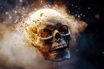 Poster - Abstract representation of a skull dissolving into dust, showcasing dynamic motion, artistic expression, and a dramatic play of light and shadow in the background
