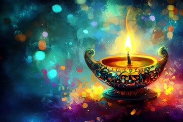 Poster - Vibrant Decorative Oil Lamp with Flickering Flame Surrounded by Colorful Bokeh Background for Celebratory or Artistic Theme