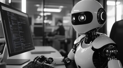 Futuristic AI robot drone working on a computer in a modern startup environment, advanced technology concept, artificial intelligence in business, high-tech workspace, innovation and productivity.