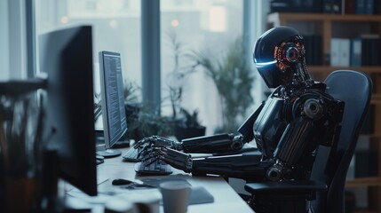 Futuristic AI robot drone working on a computer in a modern startup environment, advanced technology concept, artificial intelligence in business, high-tech workspace, innovation and productivity.