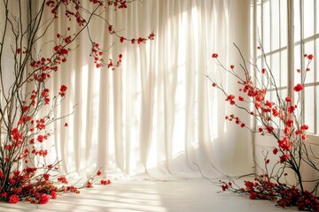 Poster - Serene Floral Arrangement with Delicate Red Blooms and Soft Drapes in Bright Indoor Space