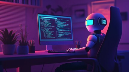 Poster - Futuristic AI robot drone working on a computer in a modern startup environment, advanced technology concept, artificial intelligence in business, high-tech workspace, innovation and productivity.
