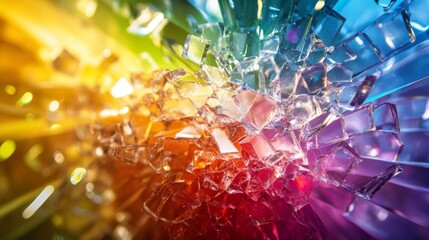 A shattered glass prism scattering vibrant light beams in every direction. 