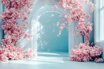 Poster - Serene Interior with Cherry Blossom Decor and Soft Light, Ideal for Spring Themes, Relaxation Spaces, or Nature-Inspired Designs