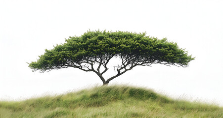  isolated tree on a grassy hill, against a white background