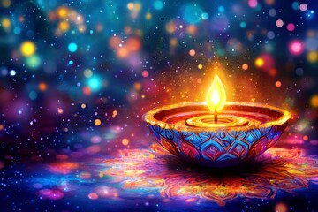 Poster - Vibrant Colorful Candle with Flame on Decorative Plate Surrounded by Shimmering Bokeh Lights for Celebratory or Festive Atmosphere