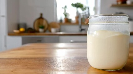 Aufkleber - A jar filled with creamy yogurt sauce sits on a wooden countertop, surrounded by soft light from a nearby window. The kitchen has a welcoming atmosphere, perfect for comfort food preparation.