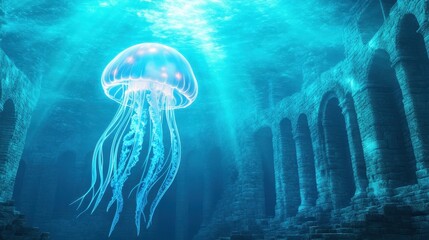 Underwater Ruins: A translucent jellyfish glides gracefully amidst the submerged pillars of an ancient underwater city. Beams of sunlight pierce the blue depths.