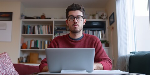 Wall Mural - A man is sitting at a table with a laptop in front of him. He is wearing a red sweater and glasses. The room has a lot of books and a potted plant. The man is focused on his work