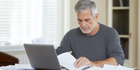 Wall Mural - A man is sitting at a desk with a laptop and a stack of papers. He is focused on the laptop screen and he is working on something. The scene suggests a sense of productivity and concentration