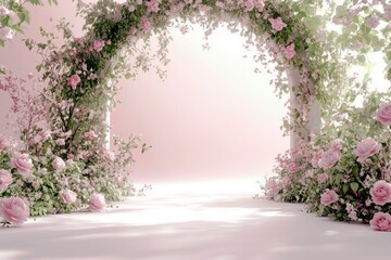 Poster - Serene Floral Archway with Soft Pink Roses and Lush Greenery Perfect for Celebrations and Events