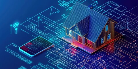 Poster - A smart home with interconnected devices controlled by a smartphone, showcasing the integration of electric-powered smart technology
