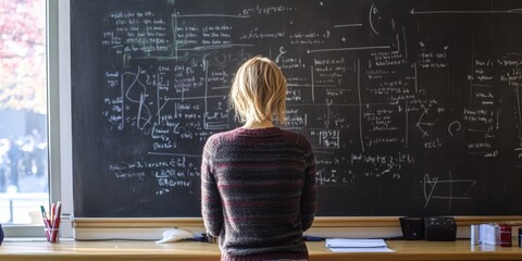 Aufkleber - A person standing at a chalkboard covered in equations and diagrams, depicting the process of formulating and explaining theoretical frameworks