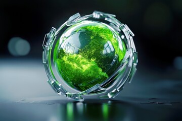 Poster - Vibrant Green Glass Sphere Surrounded by Abstract Crystal Framework Representing Technology and Nature Fusion in Futuristic Design