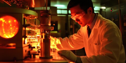 Leinwandbilder - A scientist in a lab analyzing radioactive materials, highlighting the scientific aspects of nuclear energy research and safety