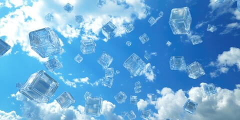 Poster - Data floating in the sky, accessed by users on the ground, illustrating the concept of remote data storage and access through cloud computing