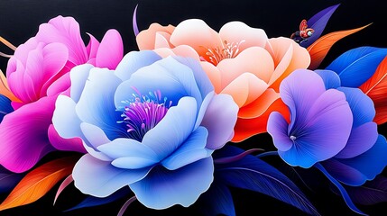 Wall Mural - Vibrant Colorful Peony Flower Bouquet. Closeup View of Pink, Blue and Orange Blossoms