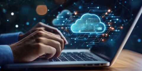 Poster - man use Laptop with cloud computing diagram show on hand. Cloud technology. Data storage. Networking and internet service concept